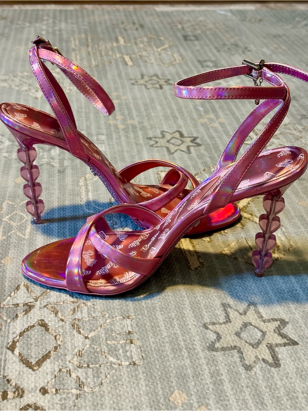 BARBIE x Aldo Pink Holographic Strappy Heel with Heart-Shaped Stacked Heel - Picture 5 of 9